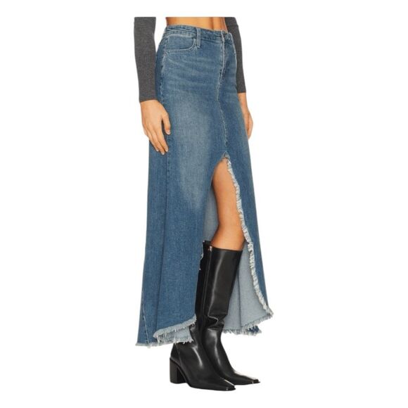 Show Me Your Mumu Reba Jeans Maxi Skirt Blue Denim Distressed Front Slit 26 - Picture 3 of 8